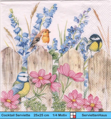 Blaumeise Kohlmeise und Rotkehlchen am Gartenzaun - 1 Cocktail Serviette